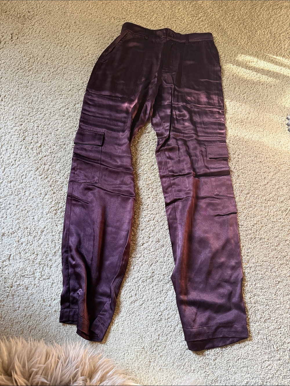 Women's Satin Cargo Trousers in Deep Plum